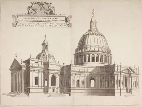 Engraving of Christopher Wren's first design for St Paul's Cathedral, 1747