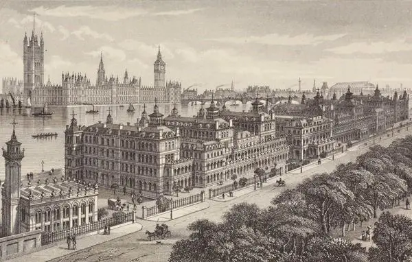St Thomas' Hospital, Lambeth, on the Albert Embankment. The Houses of Parliament can been seen behind, across the River Thames, c.1871