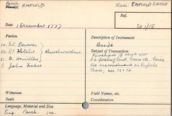 Index card showing a receipt for an estate in Enfield Chase