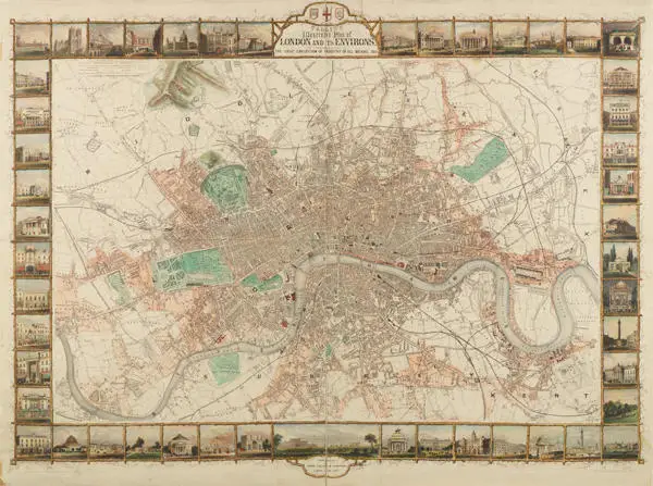 Map of London and the surrounding areas, framed by 48 views of buildings around London.