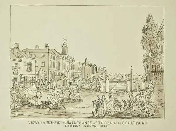Illustration of a street scene in 1800 – with pedestrians in the foreground and buildings off a toll road in the background
