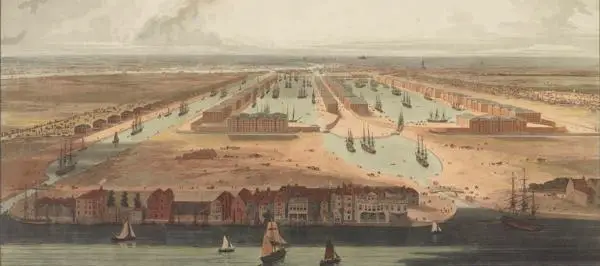 An elevated view of the new West India Dock under construction, aquatint by William Daniell, 1802.