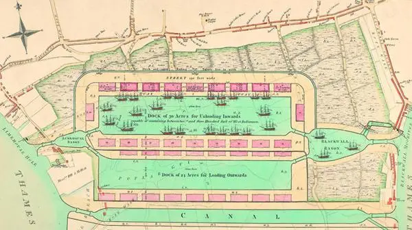 Coloured plan of the West India Docks detailing the various waterways, warehouses and functions of the dock