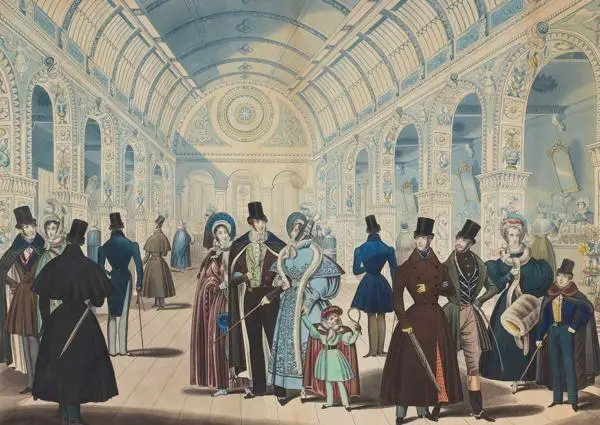 View of figures wearing winter fashions in the Pantheon, on Oxford Street, 1834