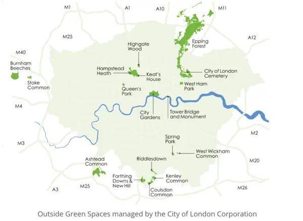 The map of the green spaces managed by the City of London Corporation