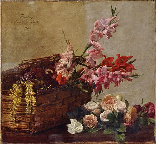 painting of flowers in a basket and on a table