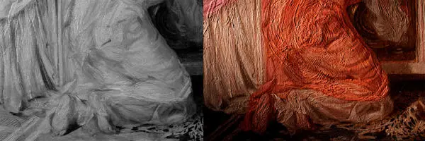 Close up on the knees of a female character on a painting, in an infrared photograph on the left and in raking light on right