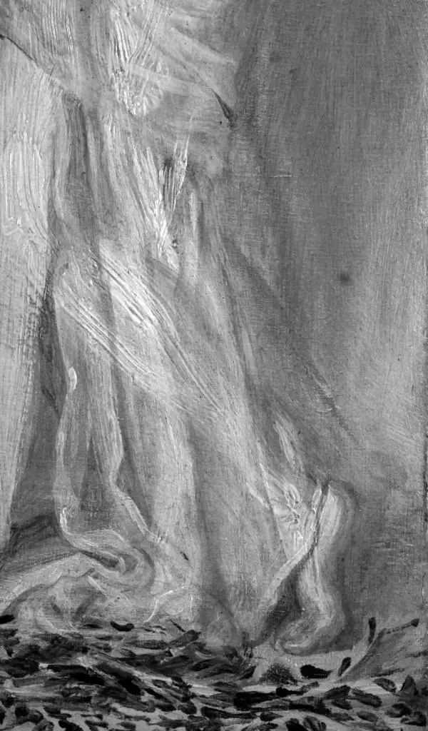 close-up on a painting showing a leg silhouette through the drapery