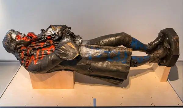 Graffitied Colston statue, horizontal, Bristol Museums