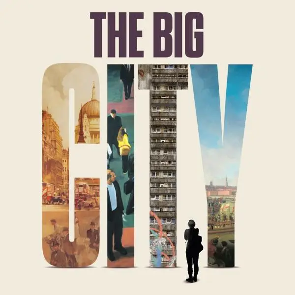 The Big City letters over a cream background, displaying a painting behind each letter of the word City and a human figure standing and looking at them