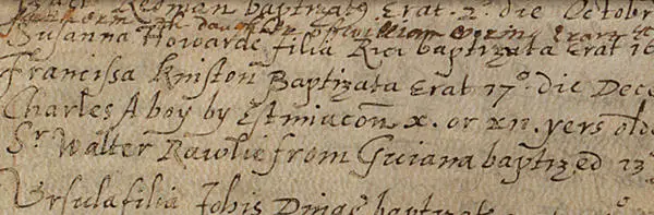 Detail of a baptism record from 1598 showing details of a boy from Guyana who has been christened as 'Charles'