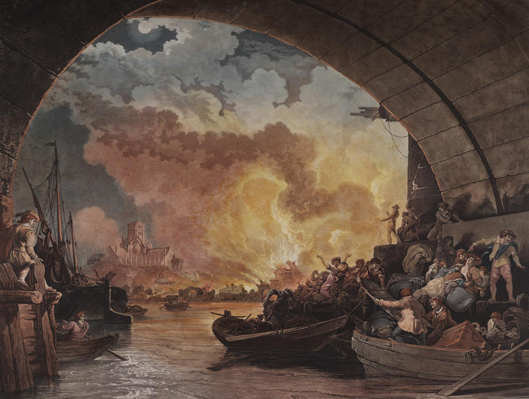 People escaping from the Great Fire of London and sheltering under the arches of London Bridge