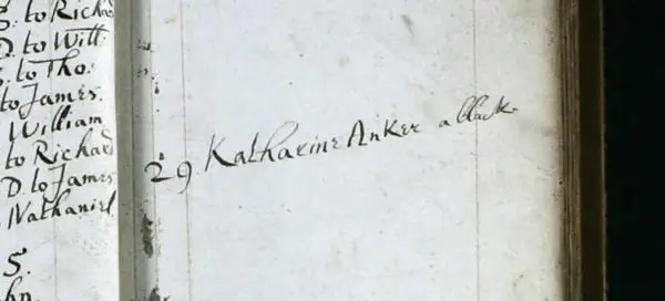 Entry in the register of baptisms for St Katherine by the Tower for Katherine Auker on 29 February 1688