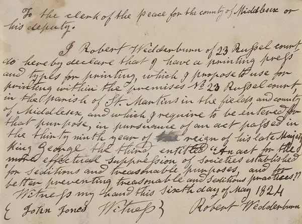 Document recording the application for Robert Wedderburn to obtain a licence to run a printing press