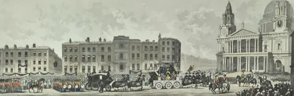 St Paul's Cathedral, showing the arrival of the funeral procession of the Duke of Wellington in 1852