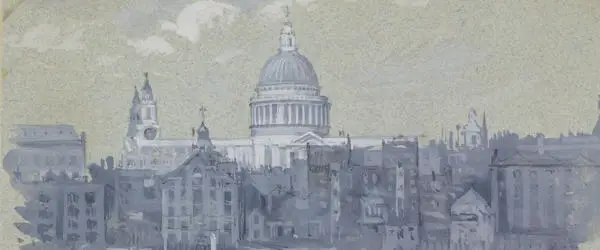 A painting of St Paul's Cathedral with buildings in front